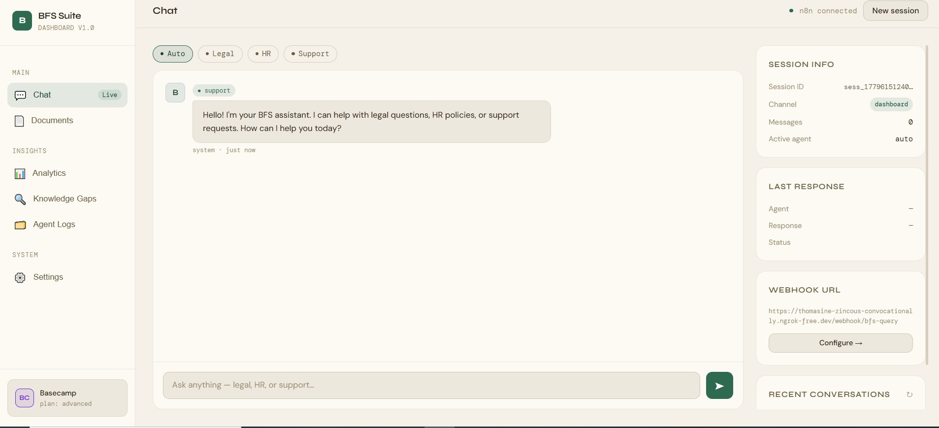 BFS Suite dashboard with multi-agent chat for Legal, HR and Support, analytics and knowledge-gap detection